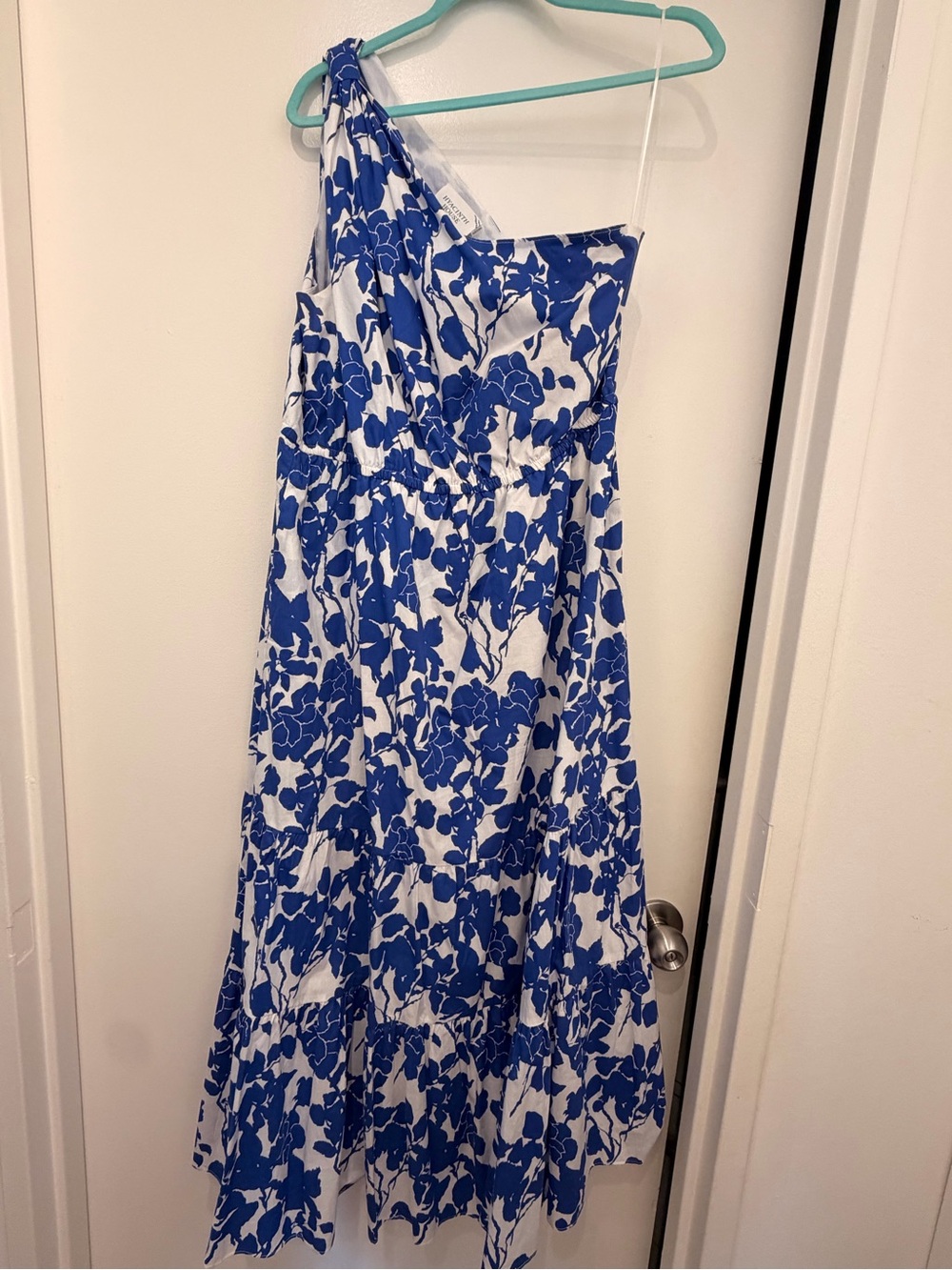 Blue and White One-Shoulder Floral Maxi Dress